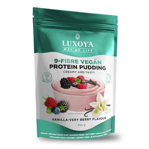 LXY 9-FIBRE VEGAN PROTEIN PUDDING - VEGÁN FEHÉRJÉT TARTALMAZÓ ROSTPUDING 9 FÉLE NÖVÉNYI ROSTTAL 450 g - Vanília-erdei gyümölcs ízű